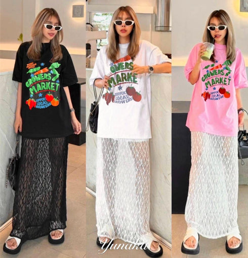 Ladies Stylist Back Slit Lacey Skirts With Oversize T-Shirts
